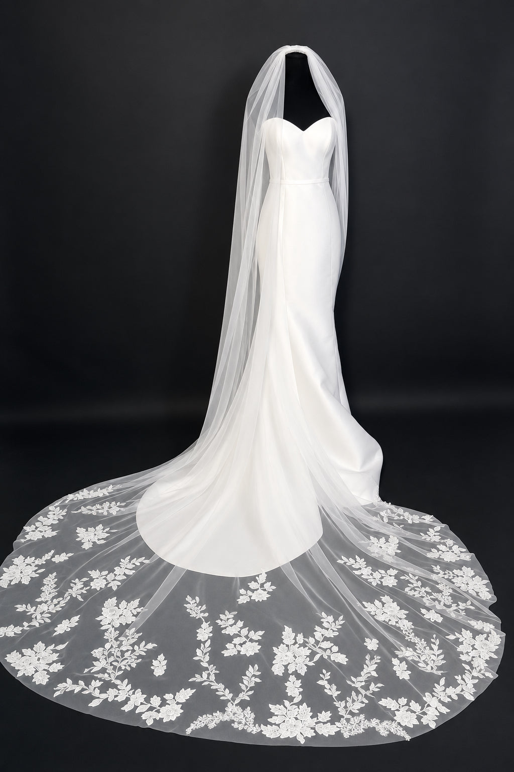 Cathedral Veil with Floral Embroidered Lace — photograph 2 of 3