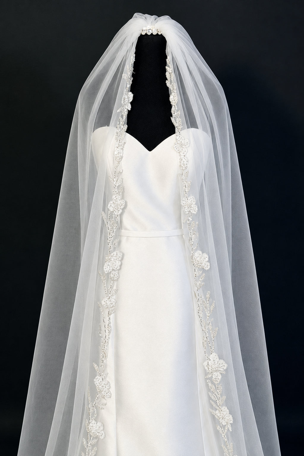 Cathedral Veil with Embroidered Lace Appliqués, Pearls &amp; Sequins — photograph 3 of 5