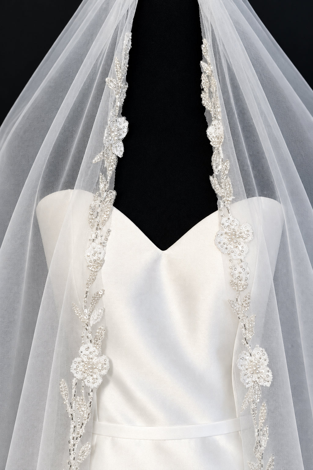 Cathedral Veil with Embroidered Lace Appliqués, Pearls &amp; Sequins — photograph 4 of 5